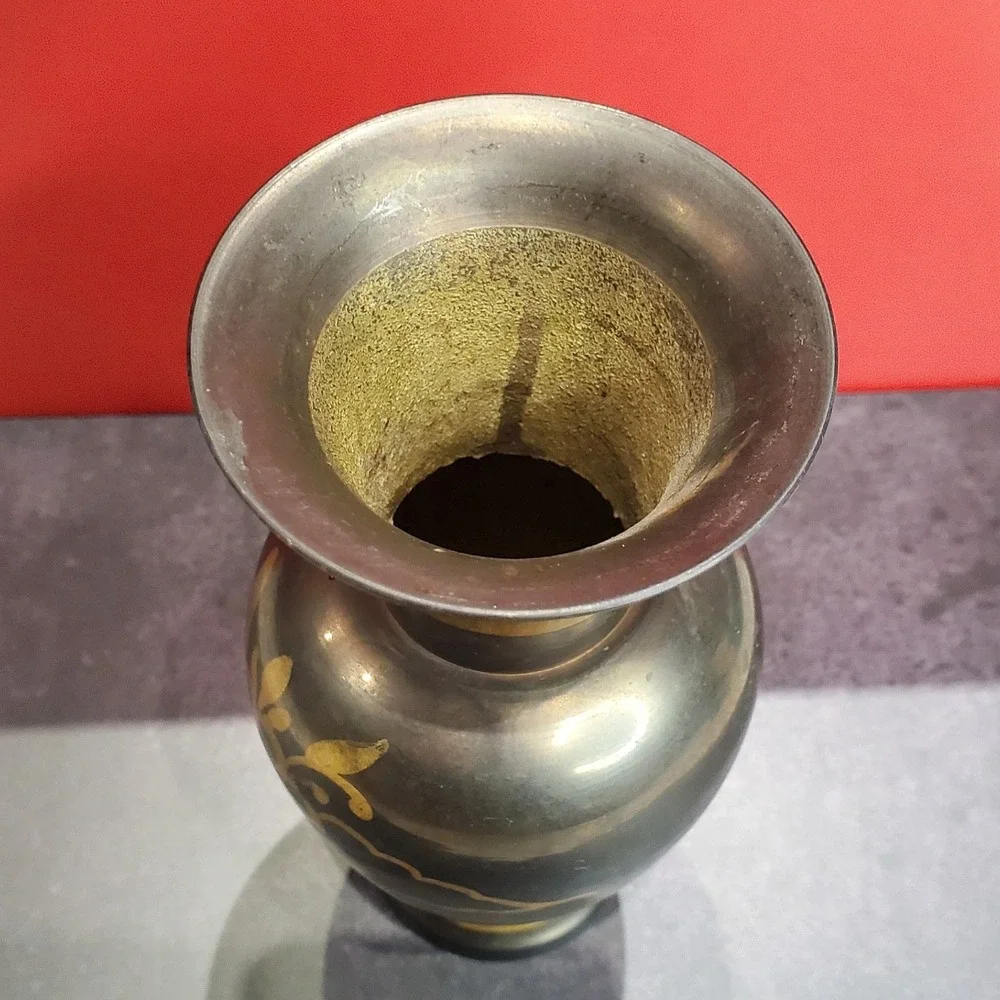 Vintage Hand-Etched Black & Gold Brass‎ Vase Made in India Mid-Century Decor
